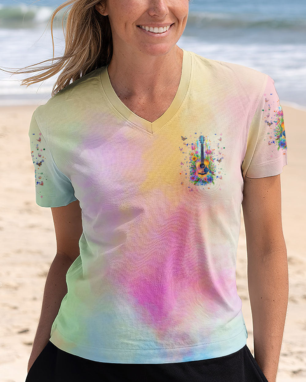 Ageless Hippie Rock _26 Roll Heart Guitar Tie Dye Hippie Soul Floral _26 Peace Quote AOP Shirt _5_ 5jQYX