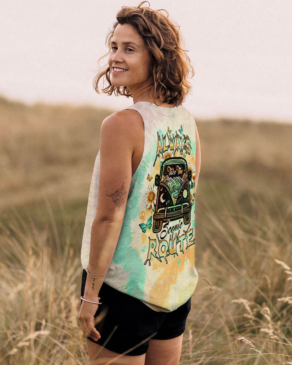 Always Take the Scenic Route Vintage Camper Van Tie Dye Hippie AOP Shirts _14_ QQbMV