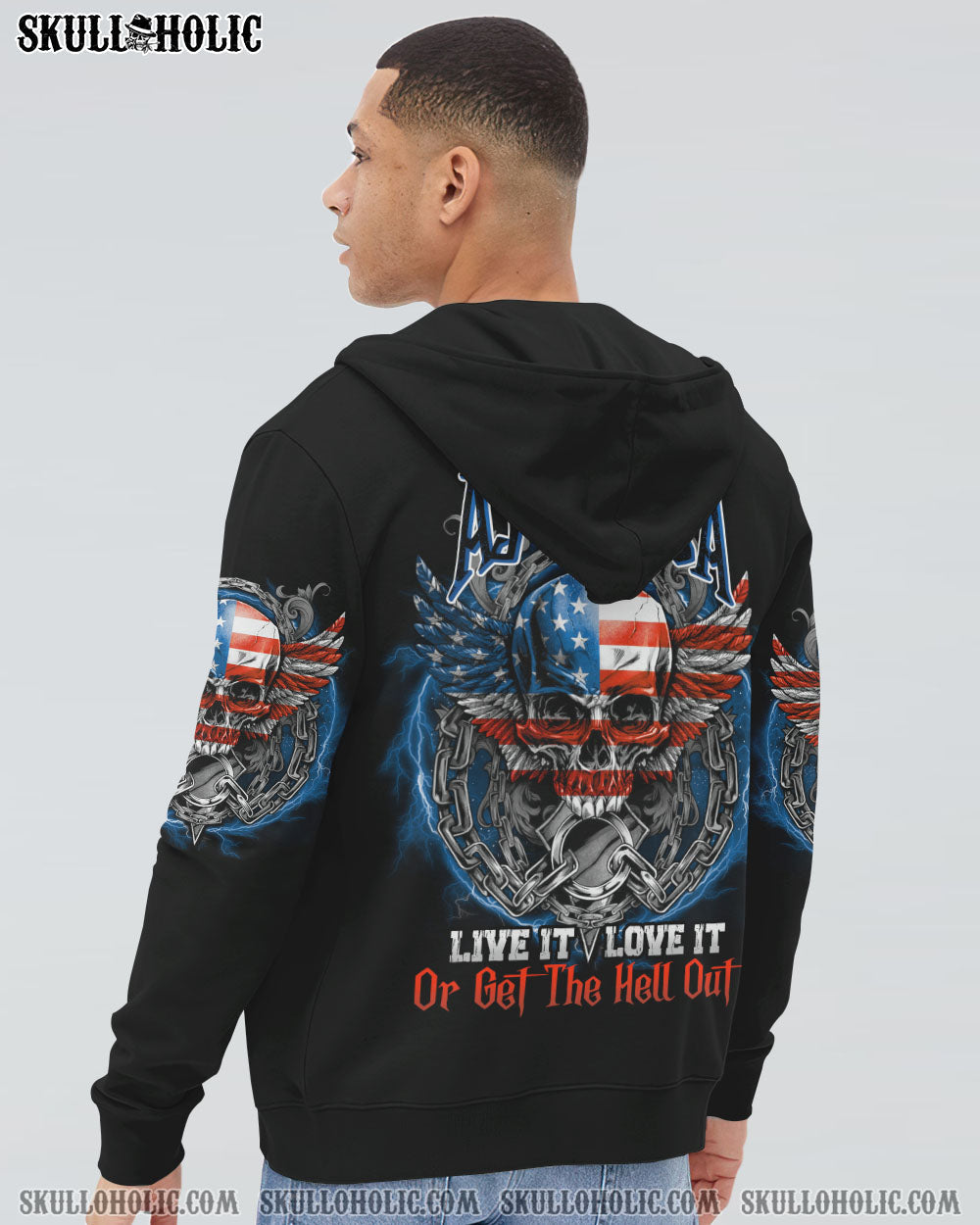America Live It Love It or Get the Hell Out Patriotic Skull America Love Graphic Tee AOP Shir _7_ oYd0v