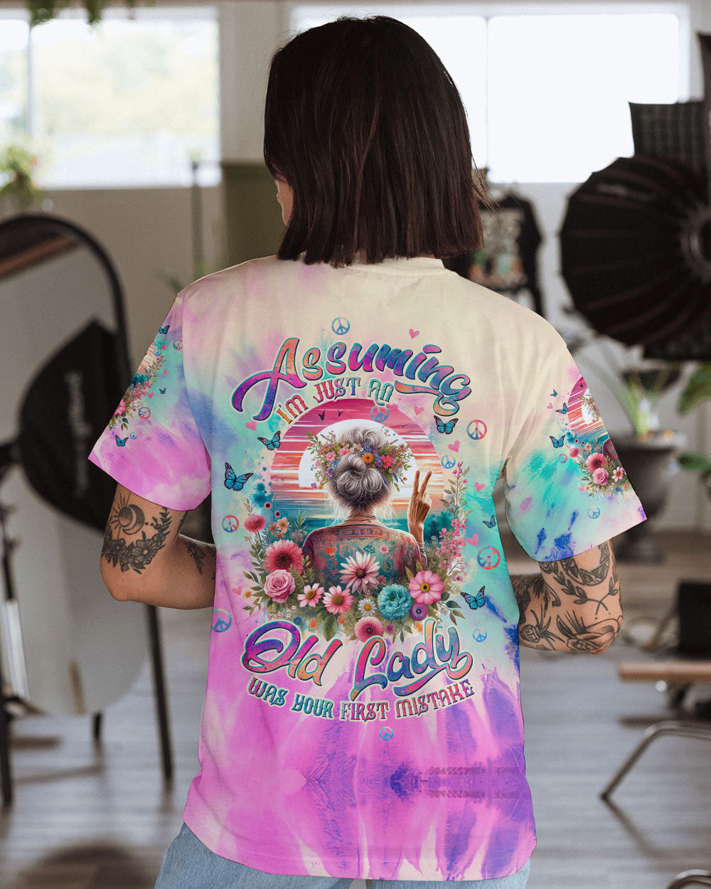 Assuming Im Just an Old Lady Was Your First Mistake Funny Peace Sign Tie Dye Graphic AOP Shirts _1_ cNwDw