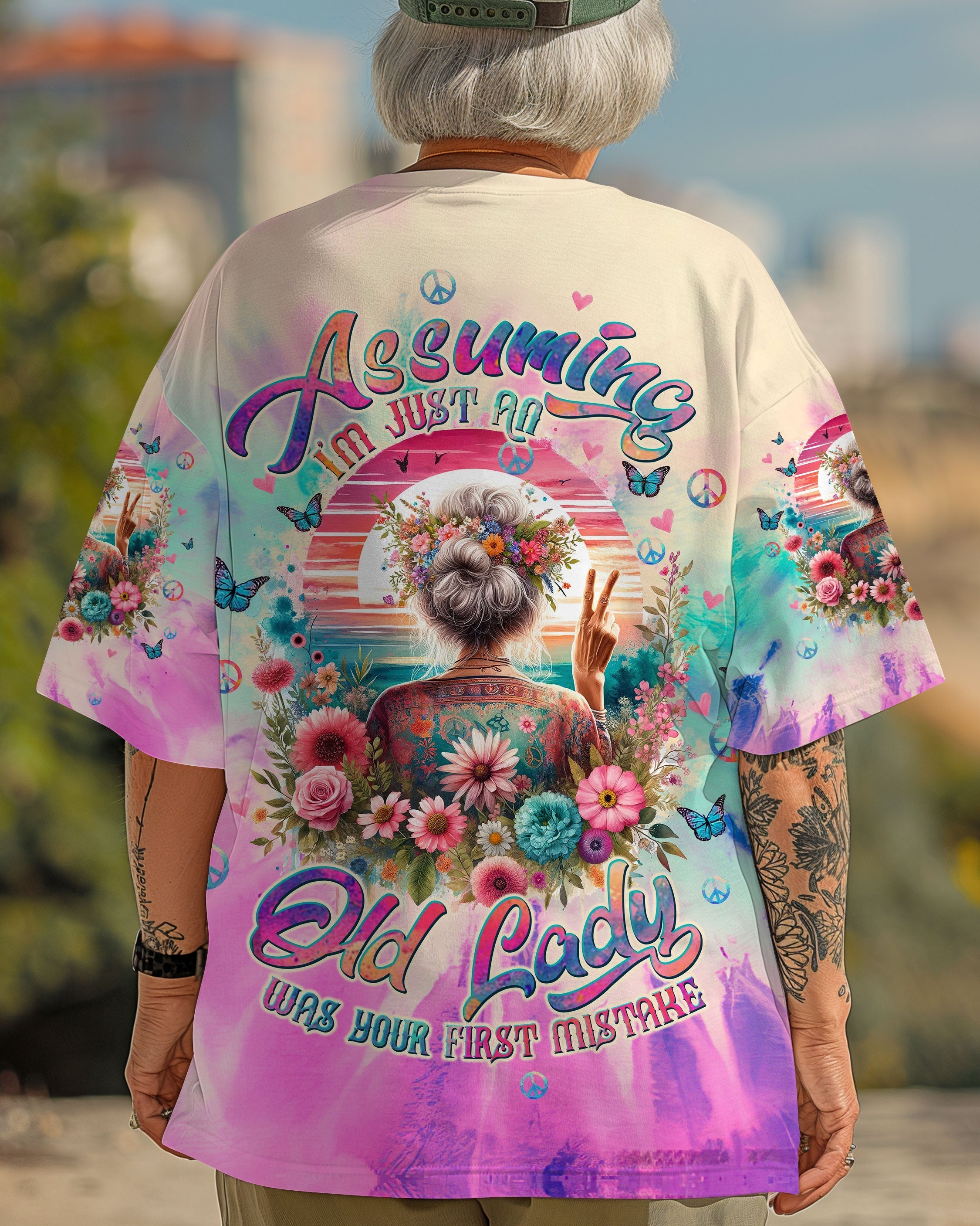 Assuming Im Just an Old Lady Was Your First Mistake Funny Peace Sign Tie Dye Graphic AOP Shirts _3_ WdLUc