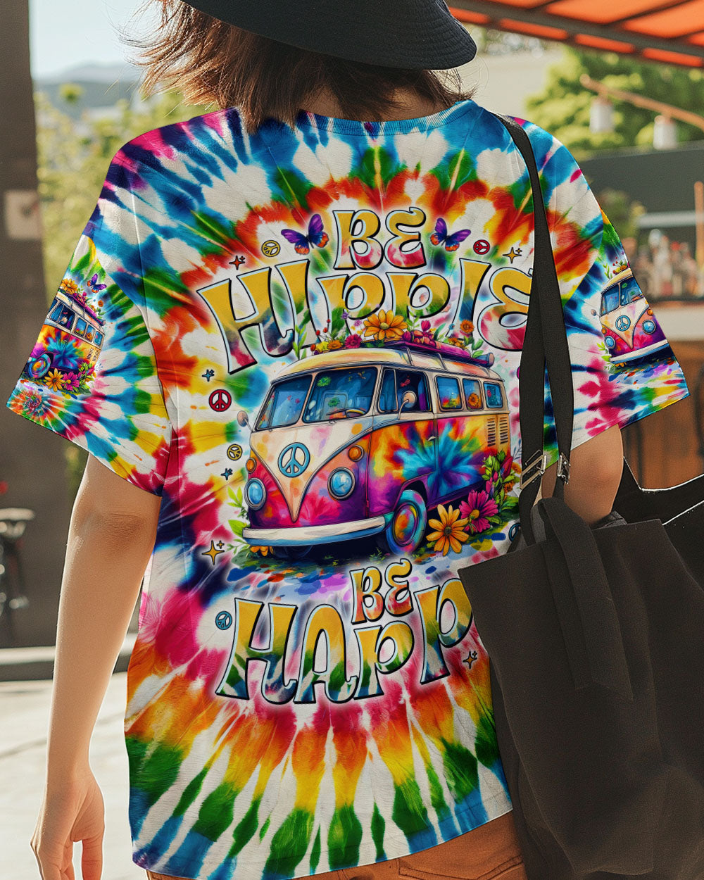 Be Hippie Be Happy Tie Dye Peace Van Colorful Groovy Retro Graphic AOP Shirts _1_ yPTaD