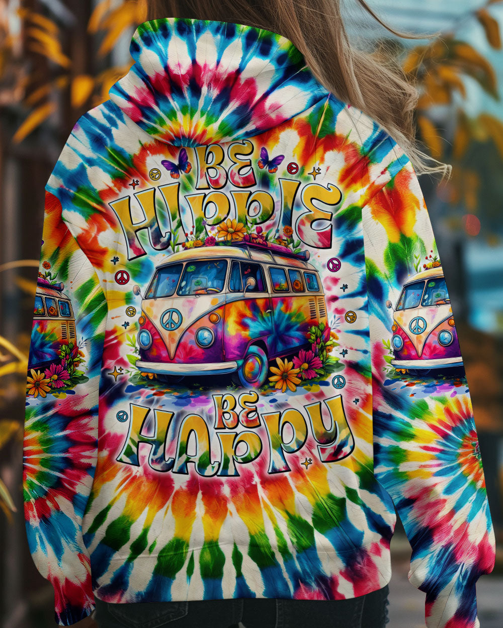 Be Hippie Be Happy Tie Dye Peace Van Colorful Groovy Retro Graphic AOP Shirts _3_ BEsQu