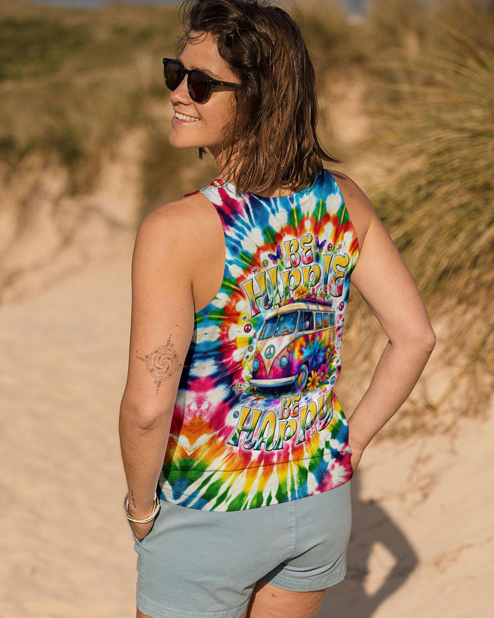 Be Hippie Be Happy Tie Dye Peace Van Colorful Groovy Retro Graphic AOP Shirts _9_ sOUg6
