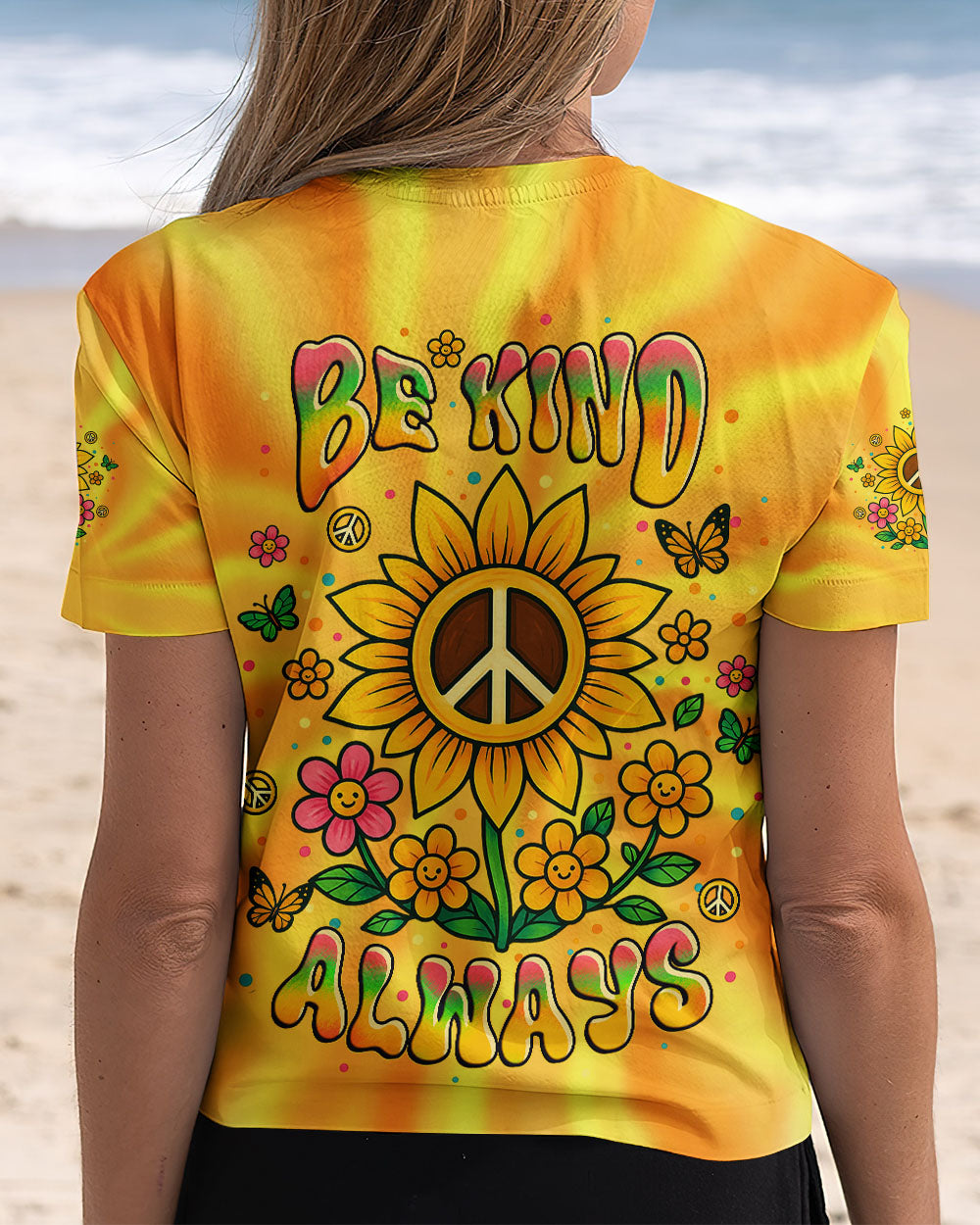 Be Kind Always Peaceful Sunflower Hippie Positive Message with Tie Dye Design AOP Shirts _14_ sglsj