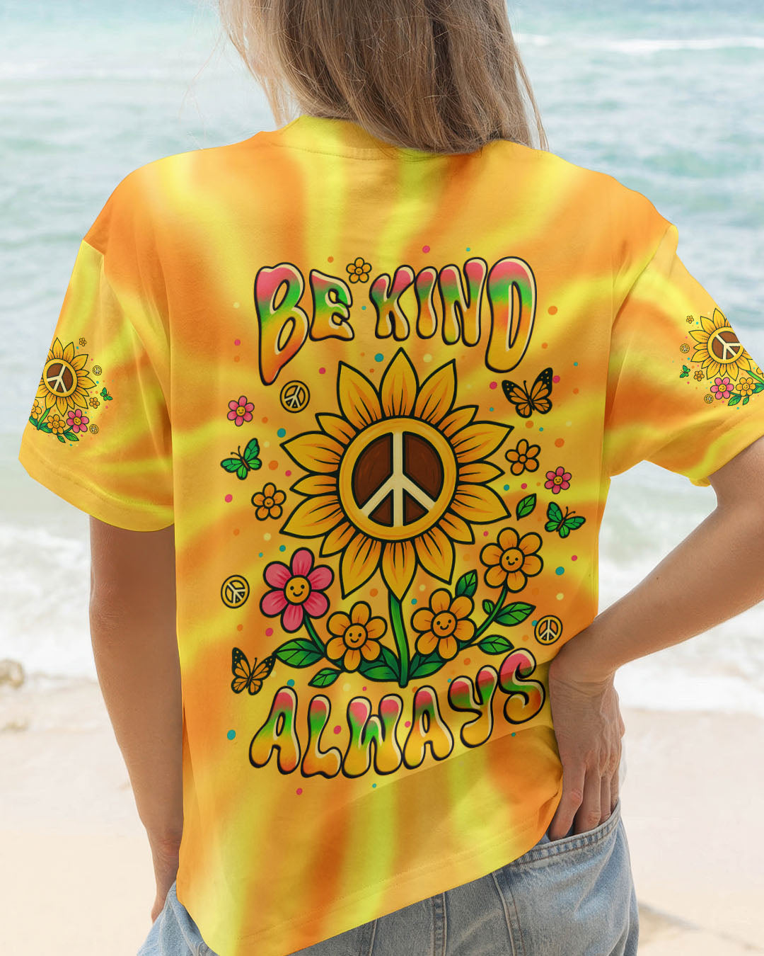 Be Kind Always Peaceful Sunflower Hippie Positive Message with Tie Dye Design AOP Shirts _8_ KOEKc