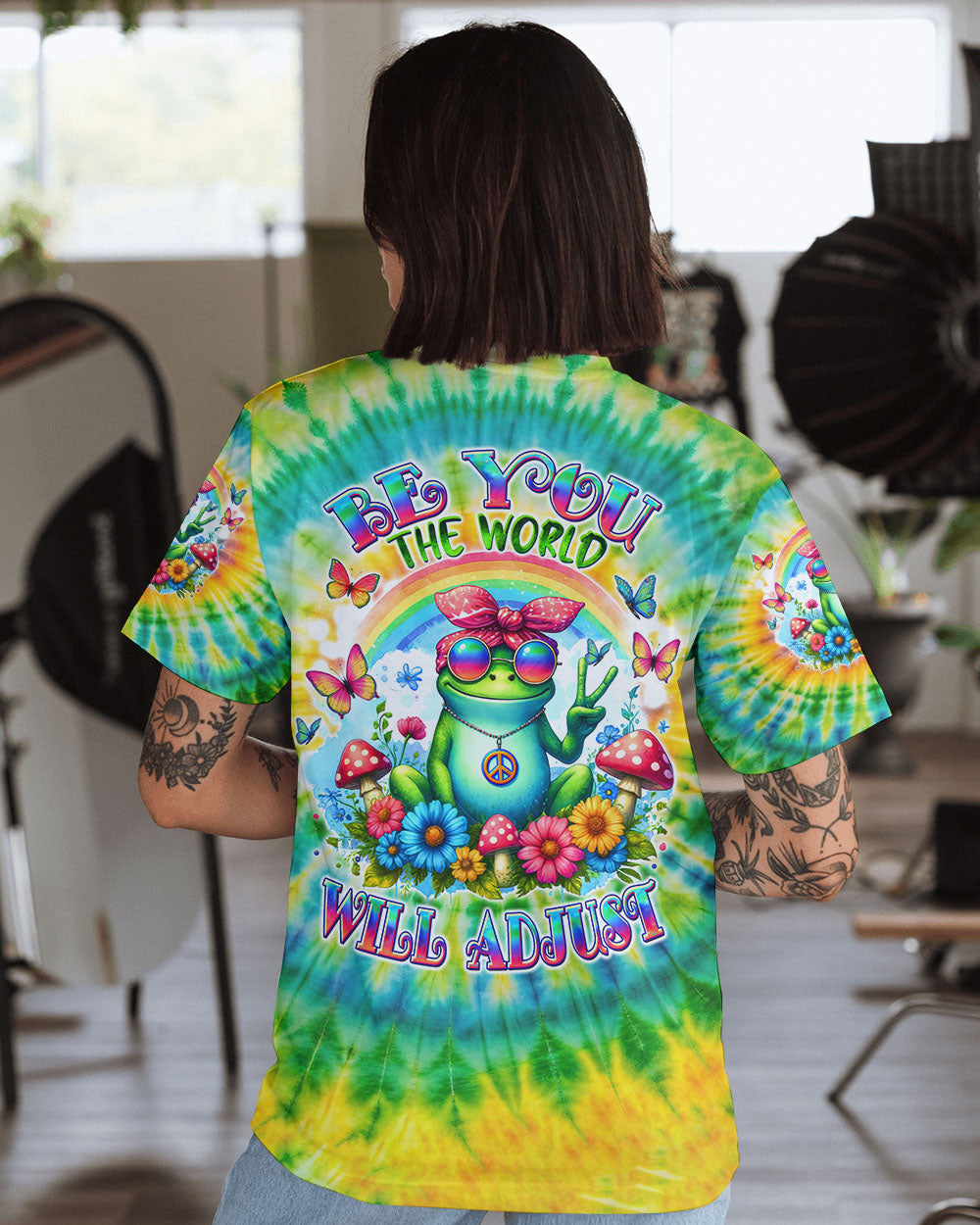 Be You The World Will Adjust Colorful Tie Dye Peace Frog AOP Shirts _11_ AqgBv