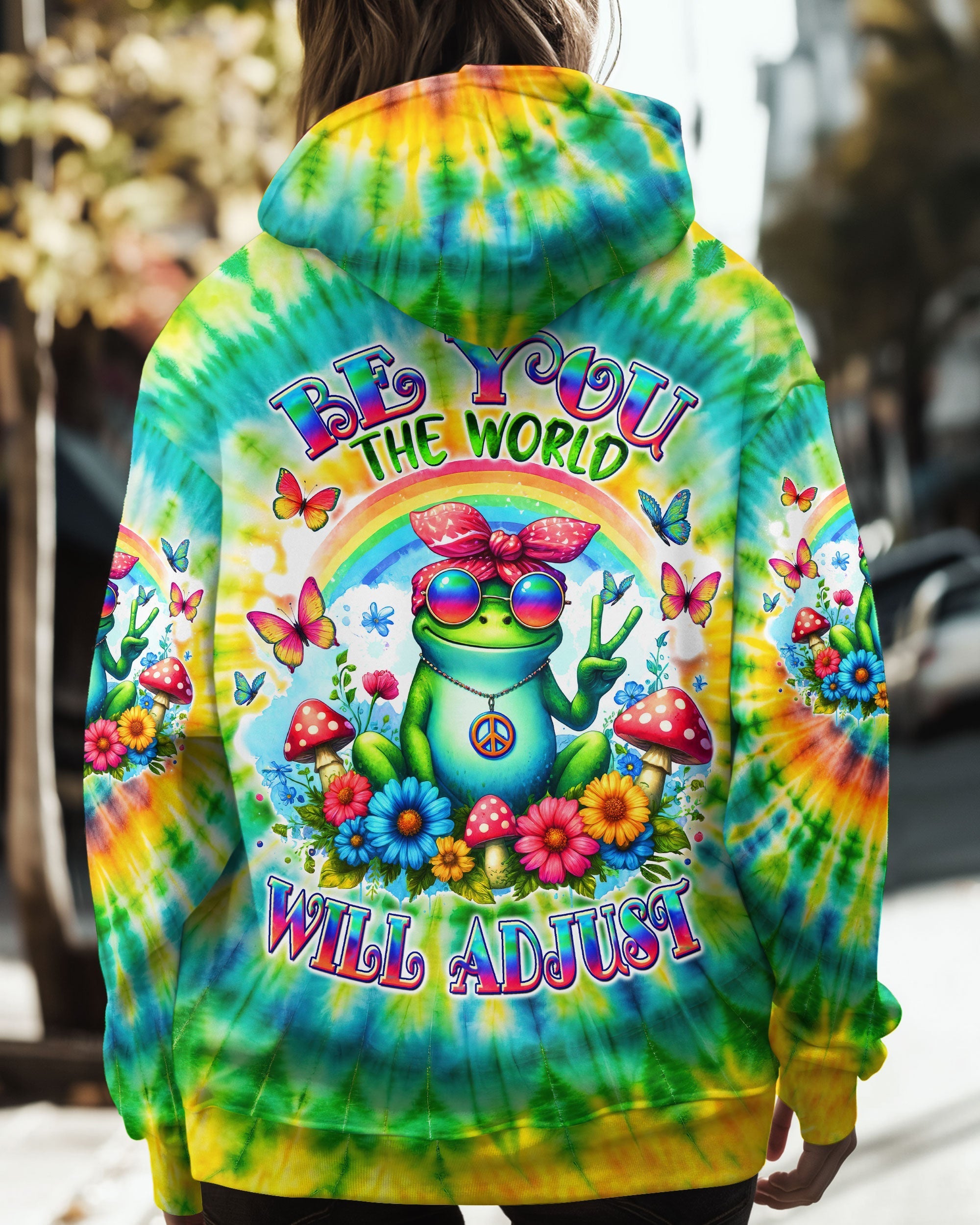 Be You The World Will Adjust Colorful Tie Dye Peace Frog AOP Shirts _1_ CEj7H