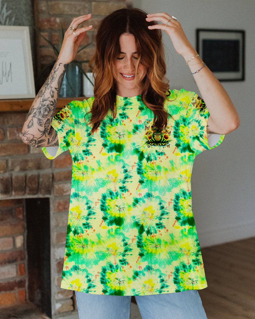 Be You The World Will Adjust Frog Sunflowers Green Tie Dye Graphic AOP Shirts _13_ kAC90