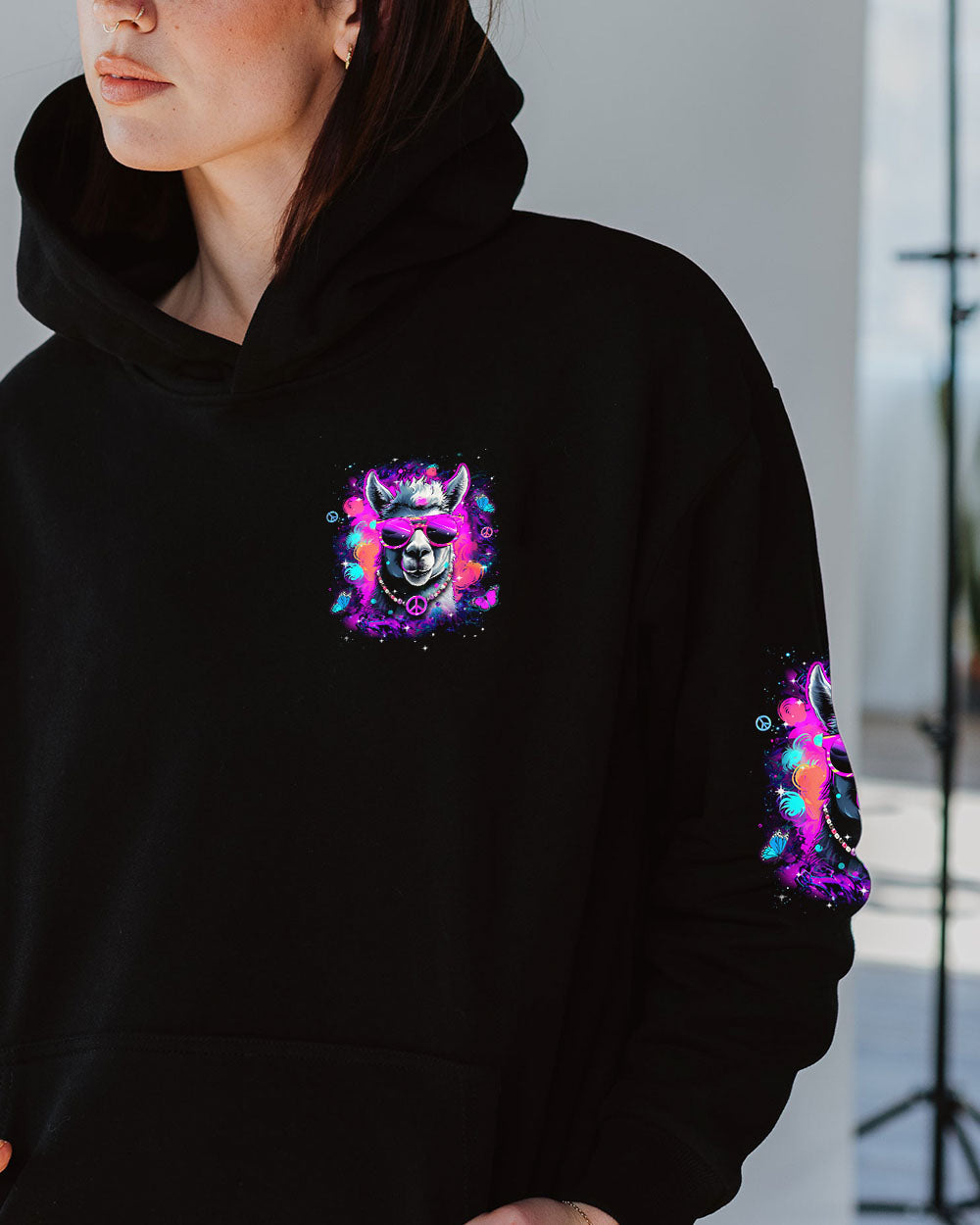 Be You The World Will Adjust Funny Neon Peace Sign Llama AOP Shirts _6_ lYLJx