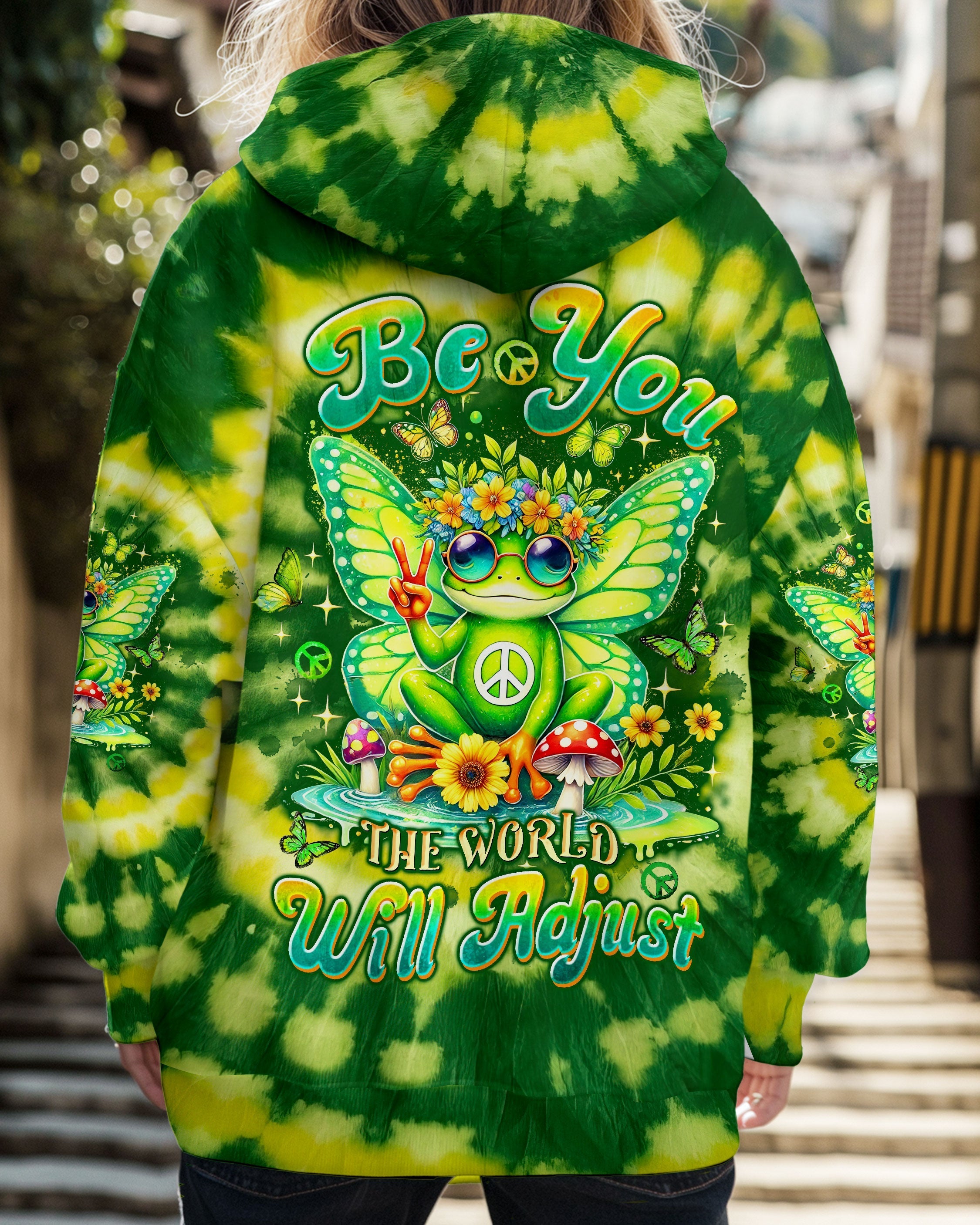 Be You The World Will Adjust Green Tie Dye Fairy Frog Signs and Mushrooms AOP Shirts _1_ 8L4og