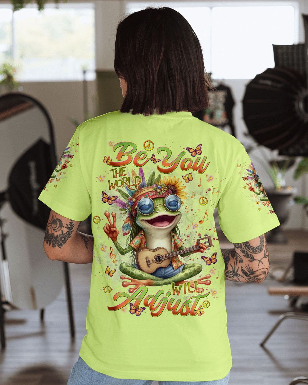 Be You The World Will Adjust Hippie Frog Peace Sign and Guitar Graphic AOP Shirts _1_ nXXjk