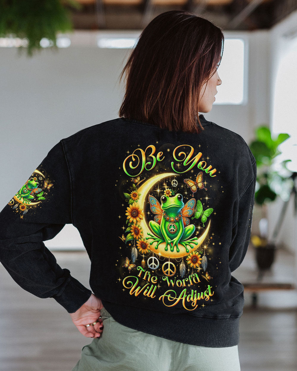 Be You The World Will Adjust Neon Frog with Moon and Butterfly Graphic AOP Shirts _3_ iFrrr