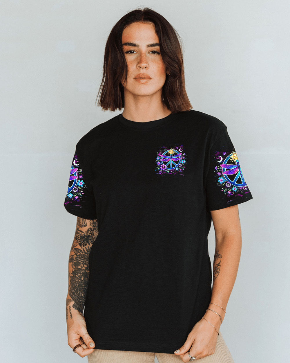 Be You The World Will Adjust Nron Dragonfly and Sun Peace Sign AOP Shirts _10_ 9F0my