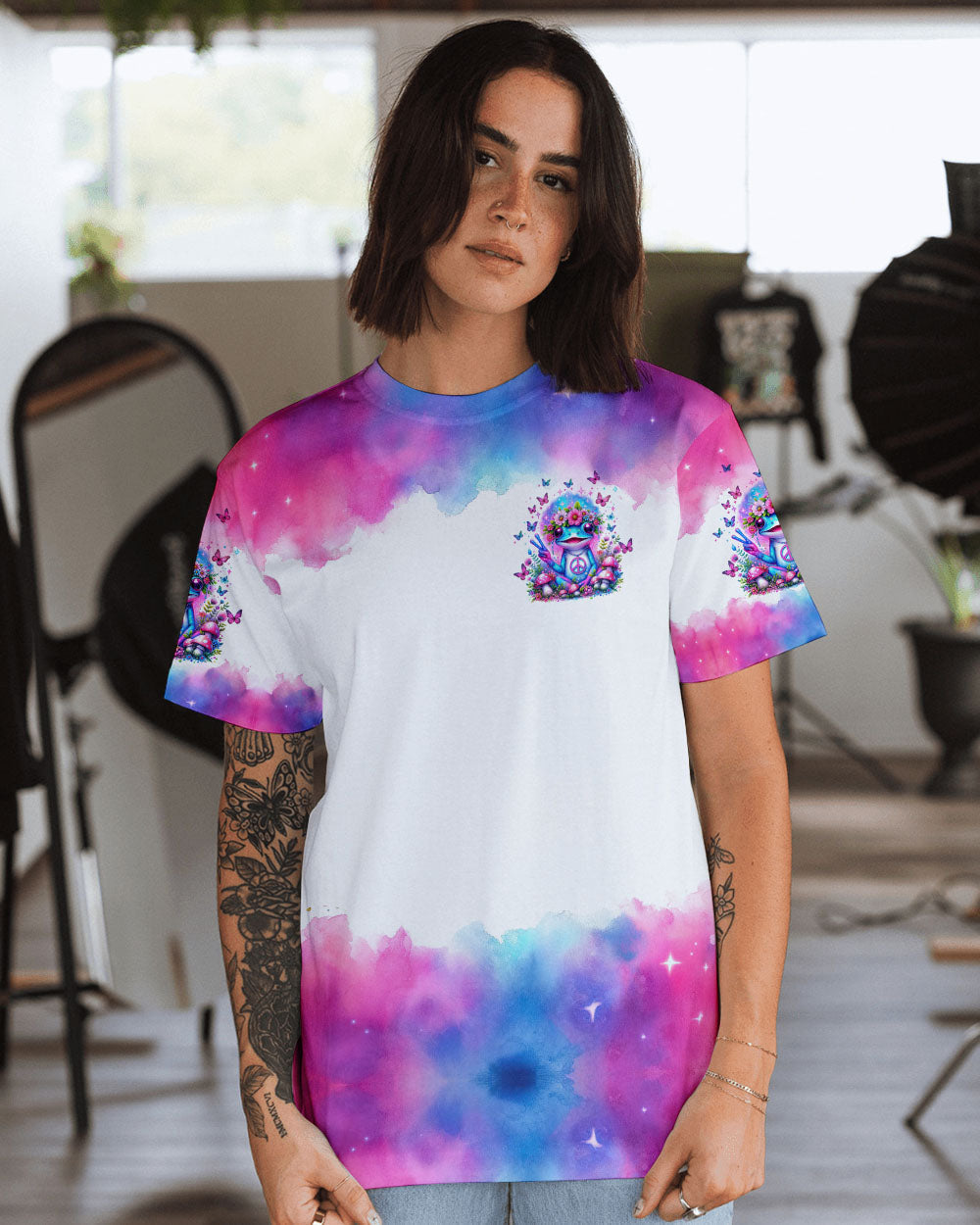 Be You The World Will Adjust Pastel Tie Dye Frog Flowers and Peace Signs AOP Shirts _10_ NAtS7