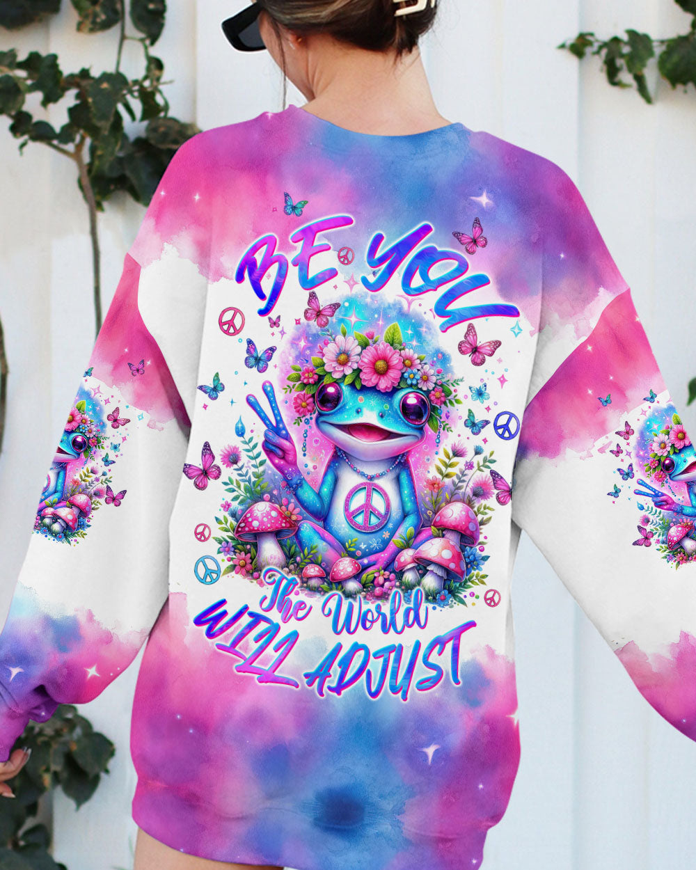 Be You The World Will Adjust Pastel Tie Dye Frog Flowers and Peace Signs AOP Shirts _3_ Tp0j1