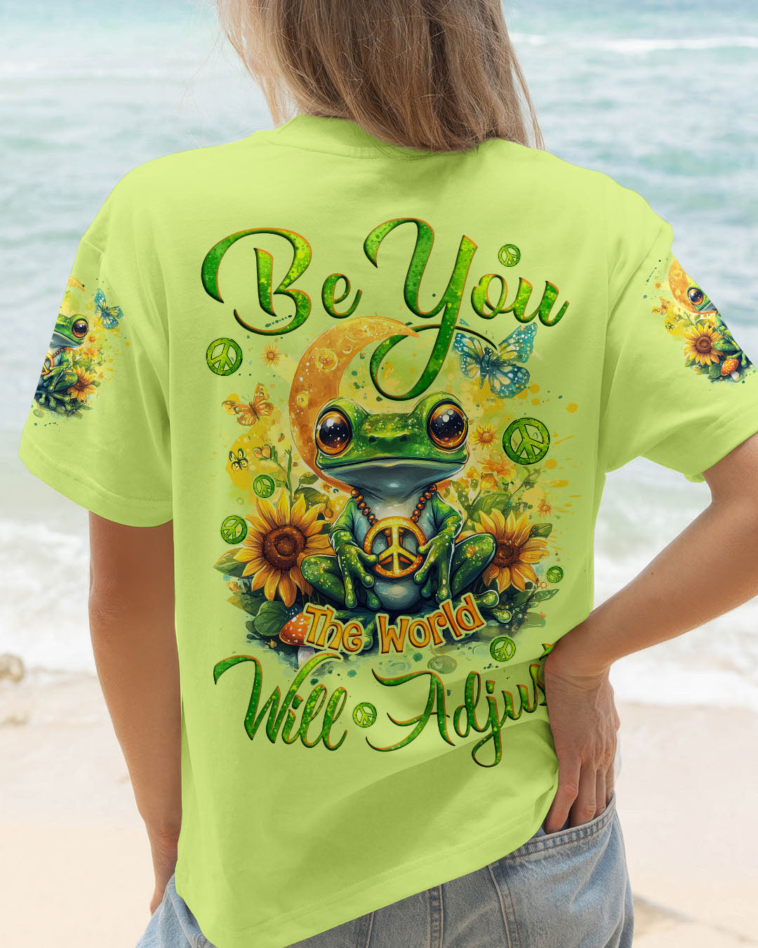 Be You The World Will Adjust Peaceful Green Frog and Sunflower Hippie Style AOP Shirts _1_ F9L53