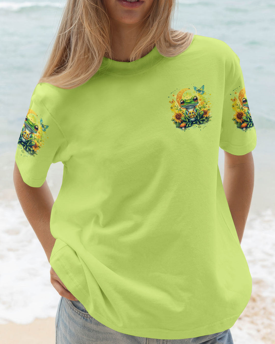 Be You The World Will Adjust Peaceful Green Frog and Sunflower Hippie Style AOP Shirts _2_ Ac3vI