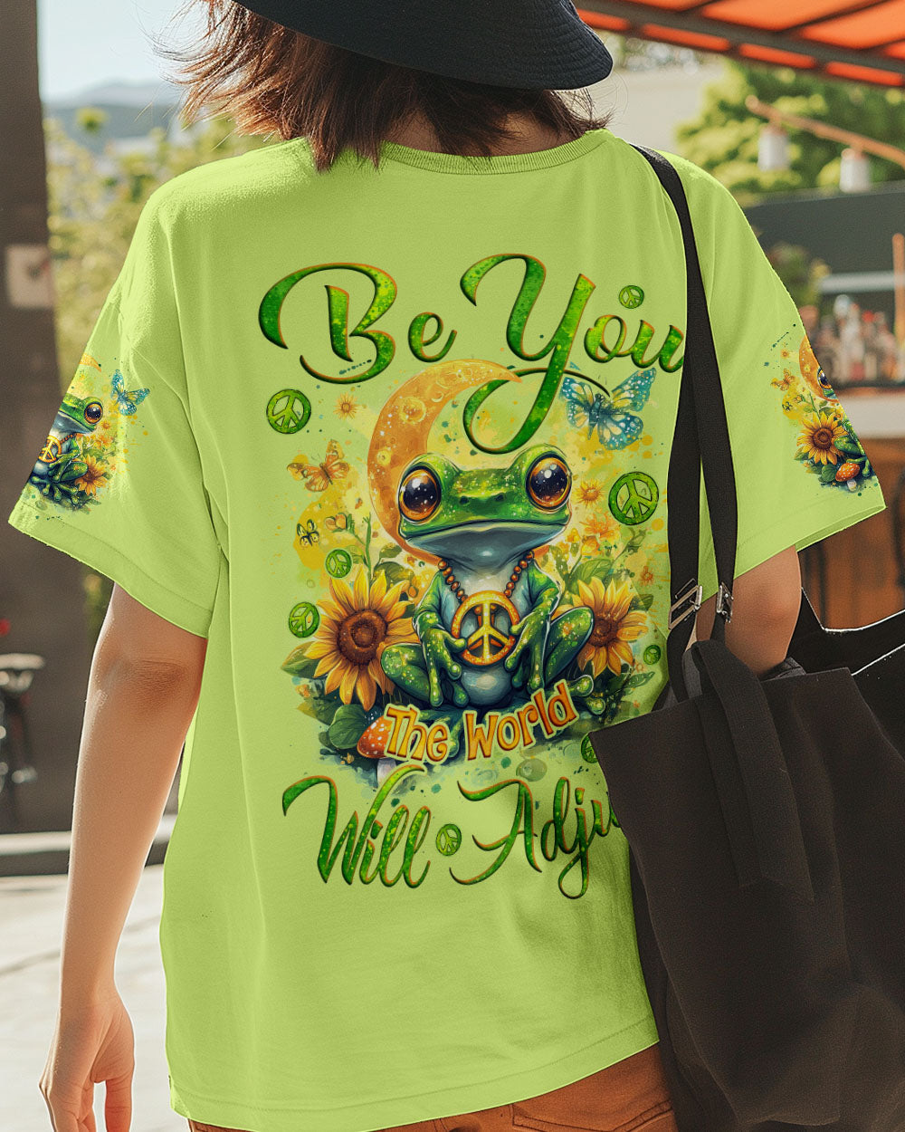 Be You The World Will Adjust Peaceful Green Frog and Sunflower Hippie Style AOP Shirts _5_ mxKMI