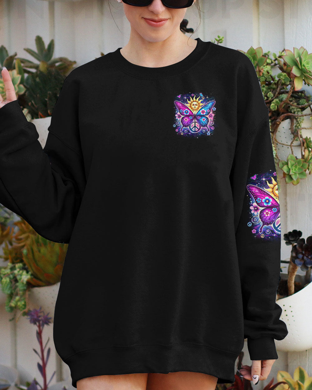 Be You The World Will Adjust Sun and Butterfly Hippie AOP Shirts _2_ 5Cz2A
