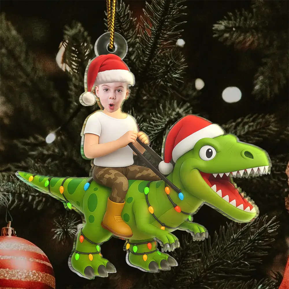 CustomPhotoCuteKidXmasDinosaur PersonalizedAcrylicPhotoOrnament TK839 CLA1525 MkWebs2