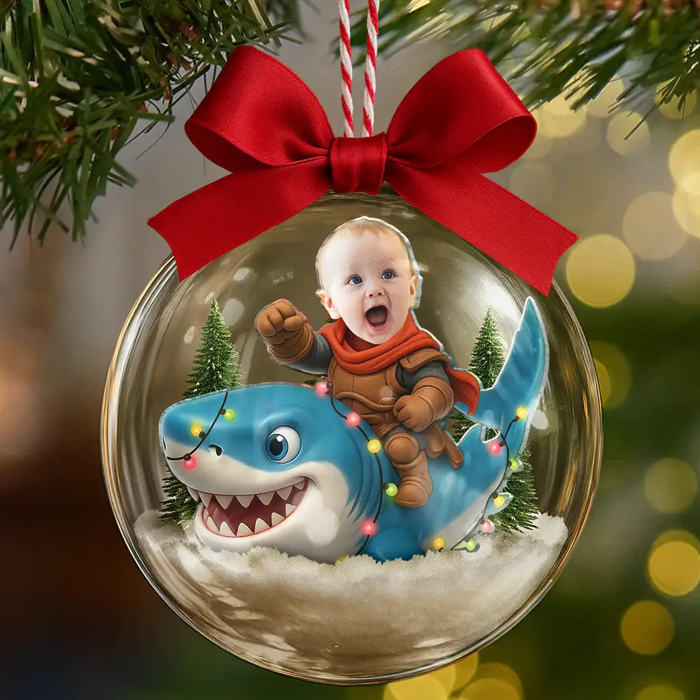 CustomPhotoFunnyKidFaceRidingShark Personalized3DAcrylicBallOrnament AH1131 Mk 5