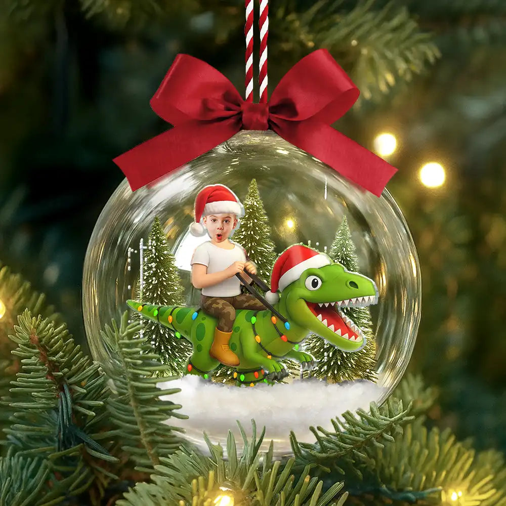 CustomPhotoFunnyKidXmasDinosaur Personalized3DAcrylicBallOrnament AH1135 Mk2
