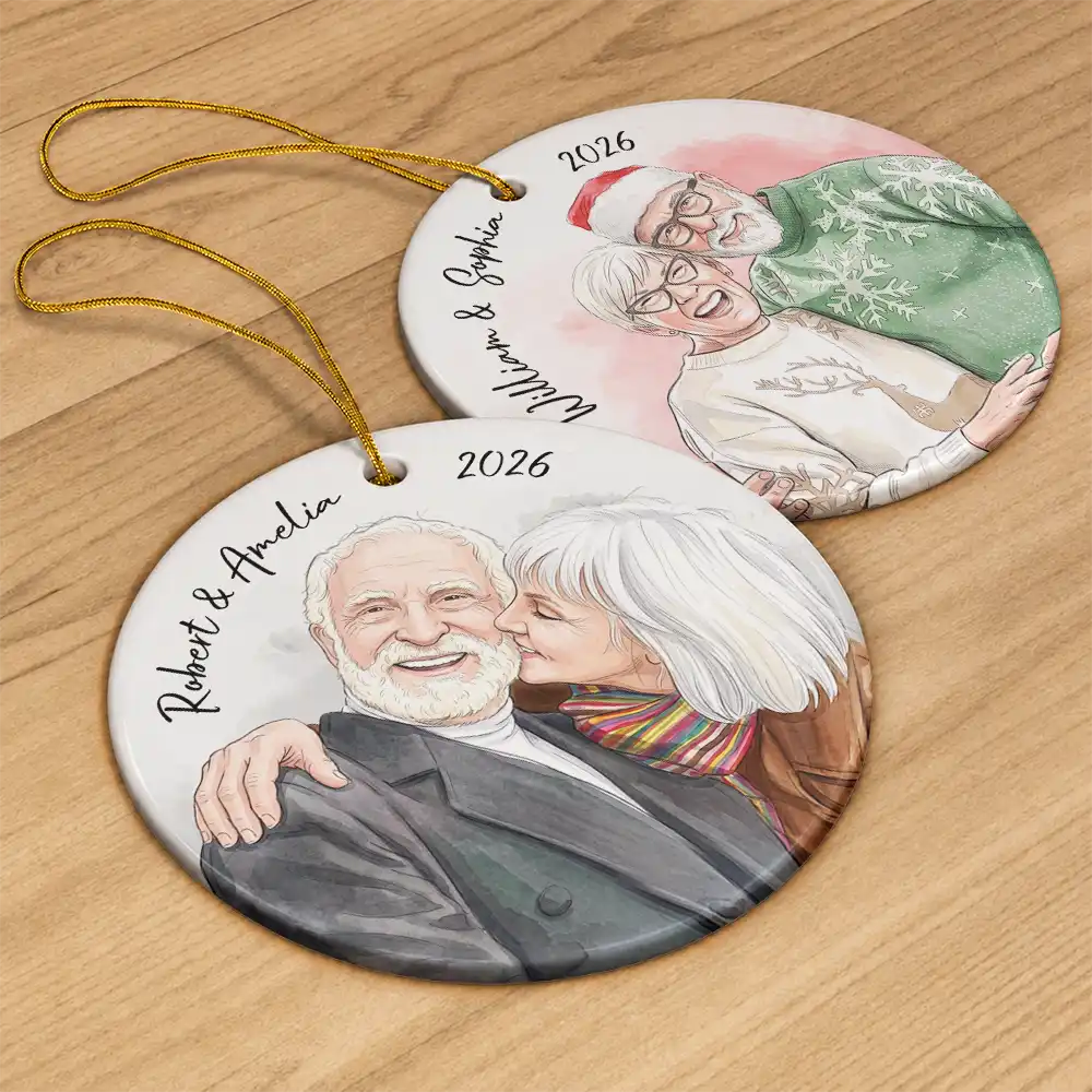 CustomPhotoVividWatercolorArtAnniversaryLovingCouple PersonalizedCircleCeramicOrnament MK6