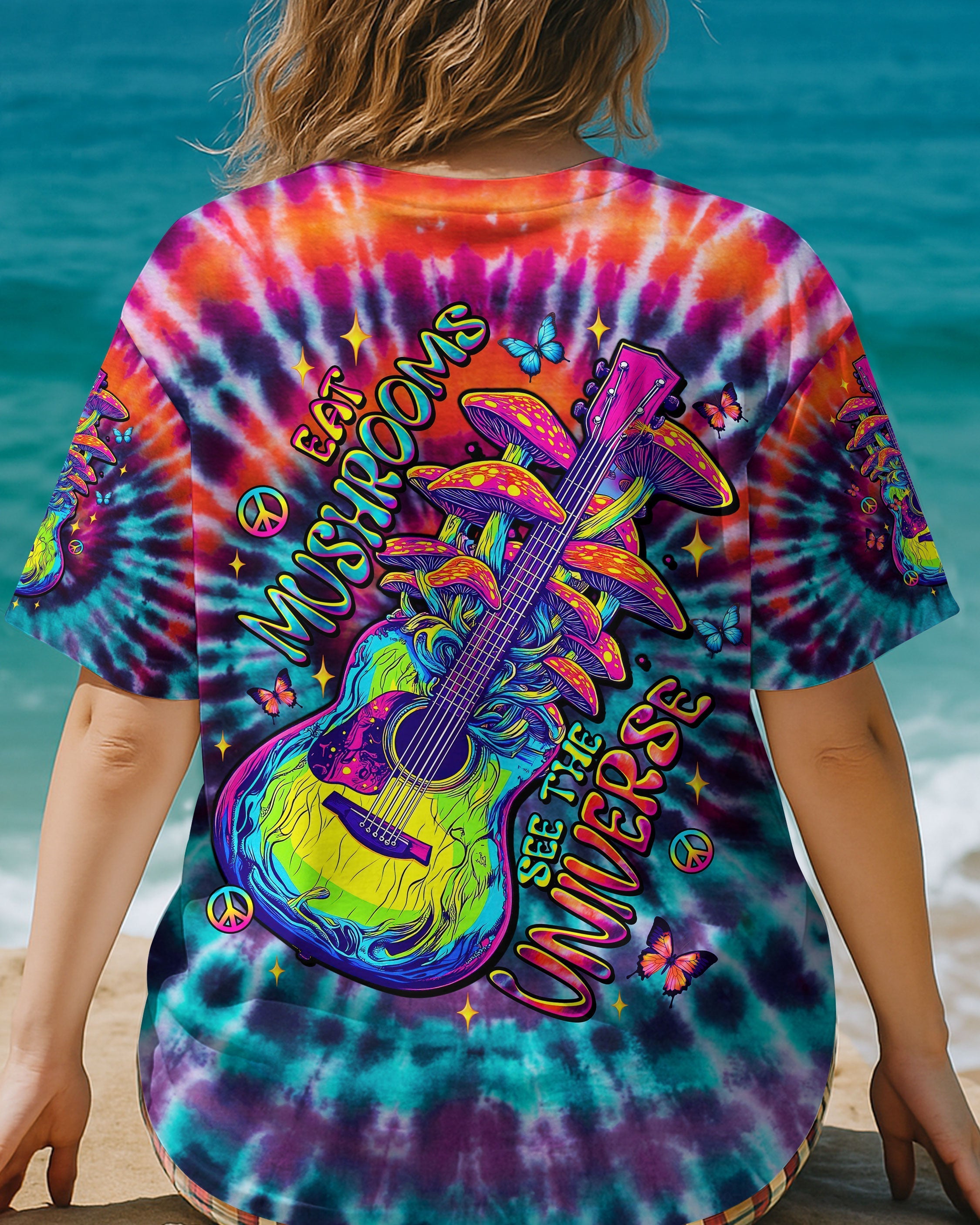 Eat Mushrooms See the Universe Tie Dye Psychedelic Graphic Tee with Guitar for Women AOP Shirts _3_ yak10