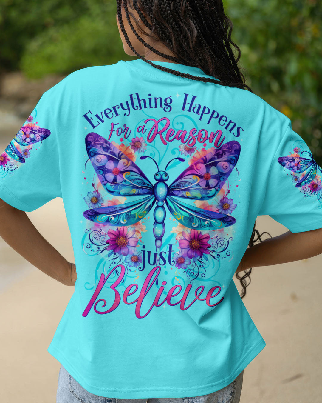 Everything Happens for a Reason Just Believe Dragonfly and Flower Design AOP Shirts _1_ cP7Mu