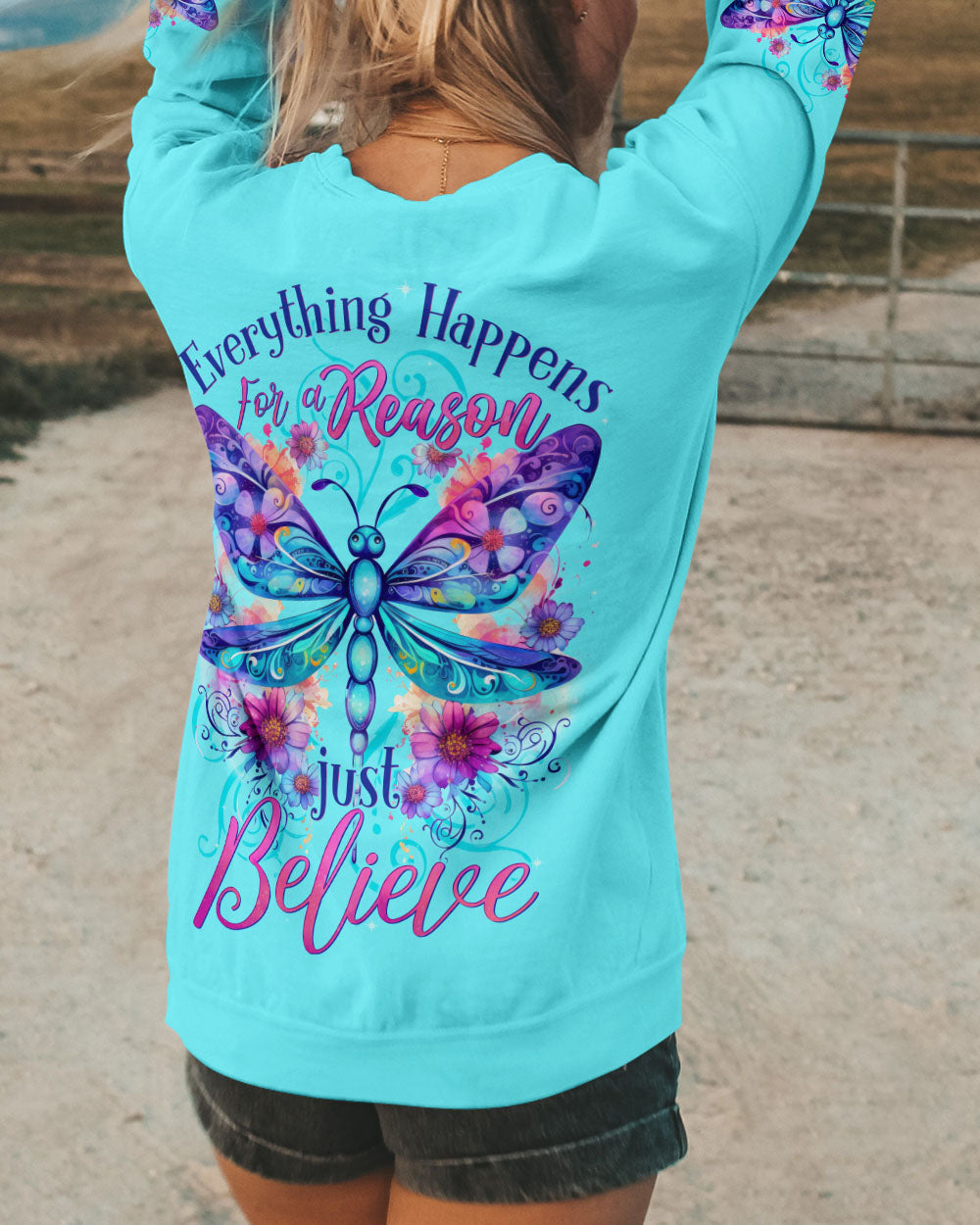 Everything Happens for a Reason Just Believe Dragonfly and Flower Design AOP Shirts _9_ BohBz