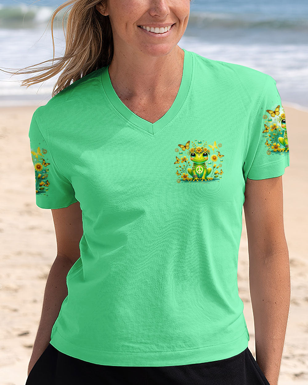 Everything Happens for a Reason Just Believe Green Frog Peace Sign Hippie AOP Shirts _2_ W0ZbB