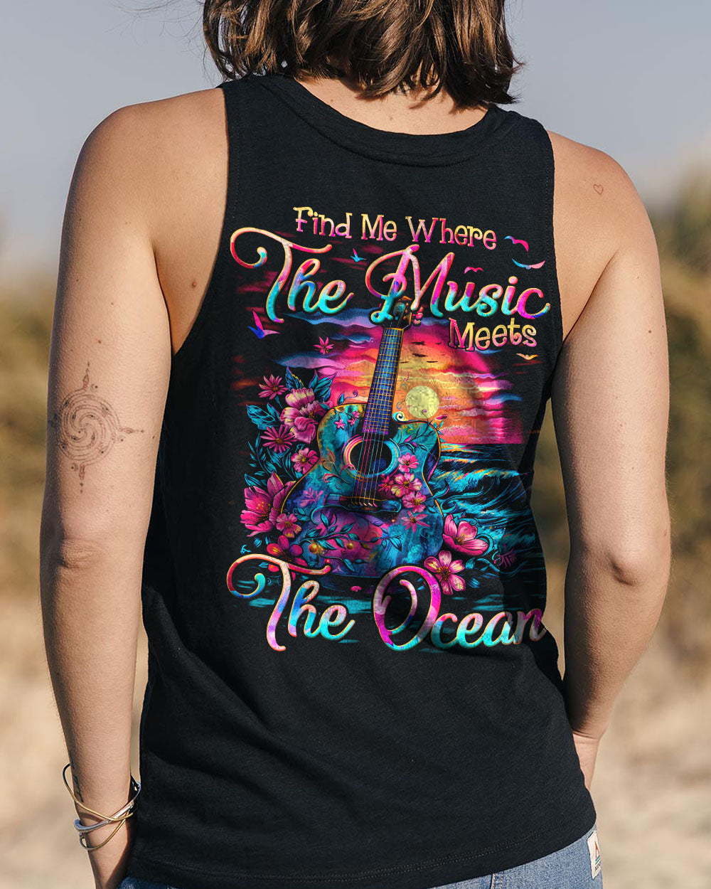 Find Me Where the Music Meets the Ocean Guitar Beach Floral Graphic AOP Shirts _11_ H0Wle