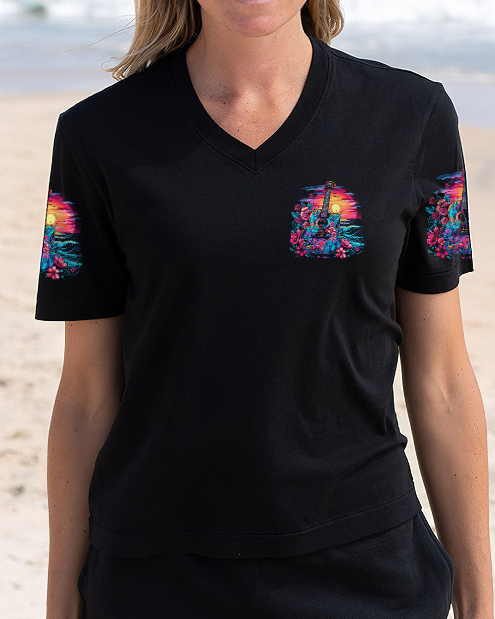 Find Me Where the Music Meets the Ocean Guitar Beach Floral Graphic AOP Shirts _2_ rMlTP