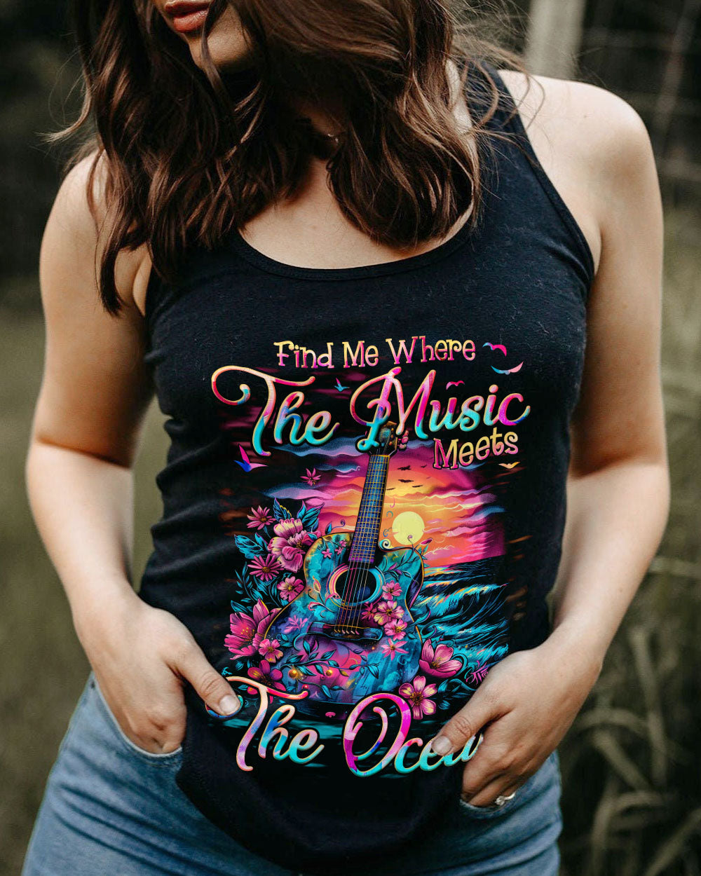 Find Me Where the Music Meets the Ocean Guitar Beach Floral Graphic AOP Shirts _9_ q3t0O