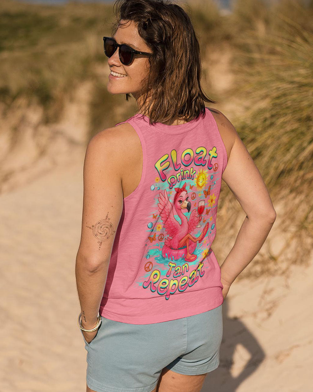 Float Drink Tan Repeat Funny Flamingo Pink Summer Vibes Design for Women AOP Shirts _13_ vkkSC