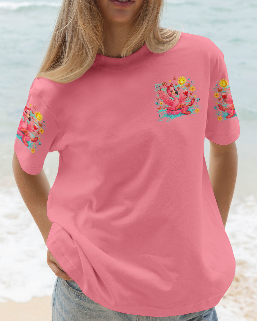Float Drink Tan Repeat Funny Flamingo Pink Summer Vibes Design for Women AOP Shirts _2_ zgNeV