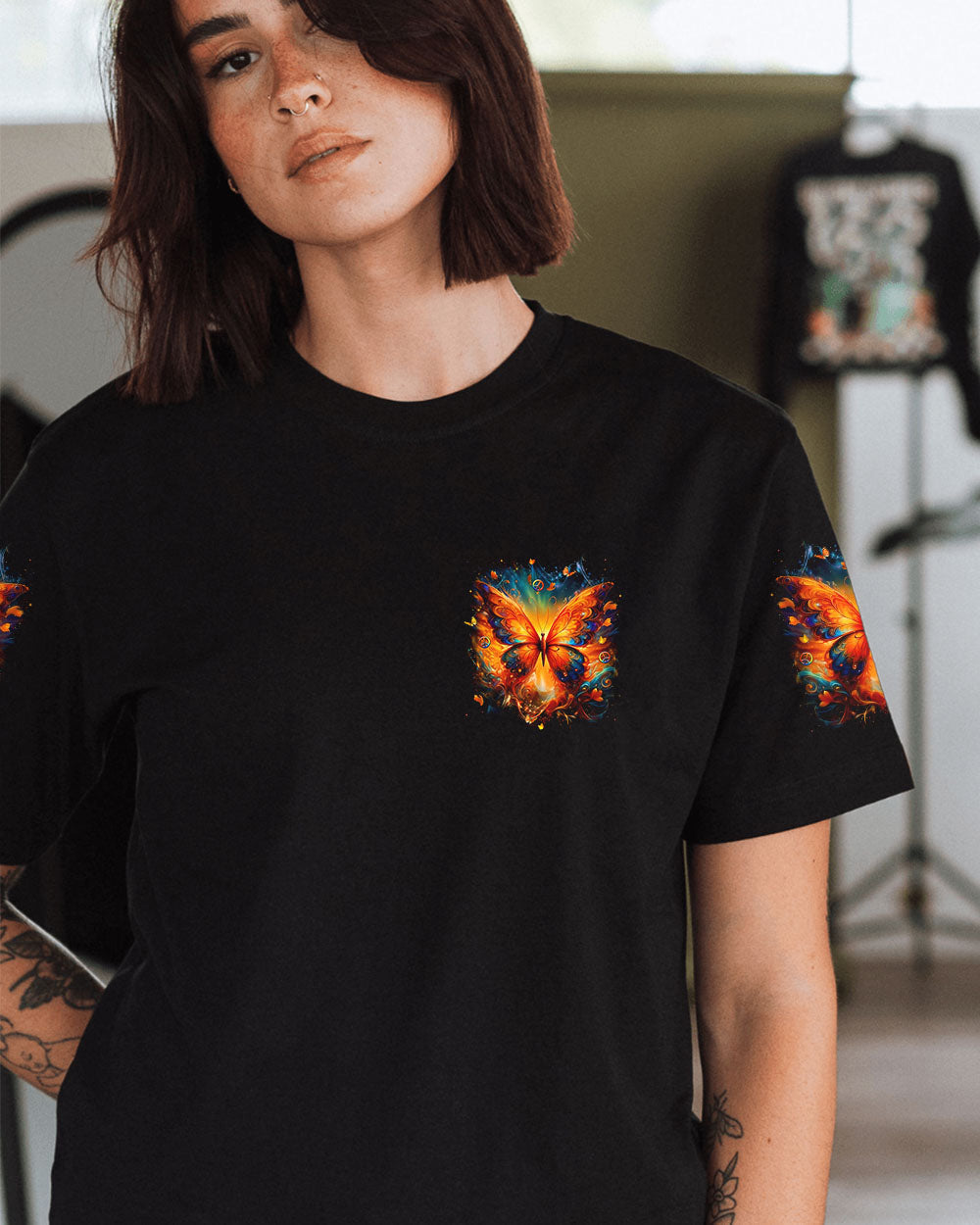 Fly High Be Free Be You Colorful Fire Butterfly Peace Sign Graphic AOP Shirts _9_ U85cK