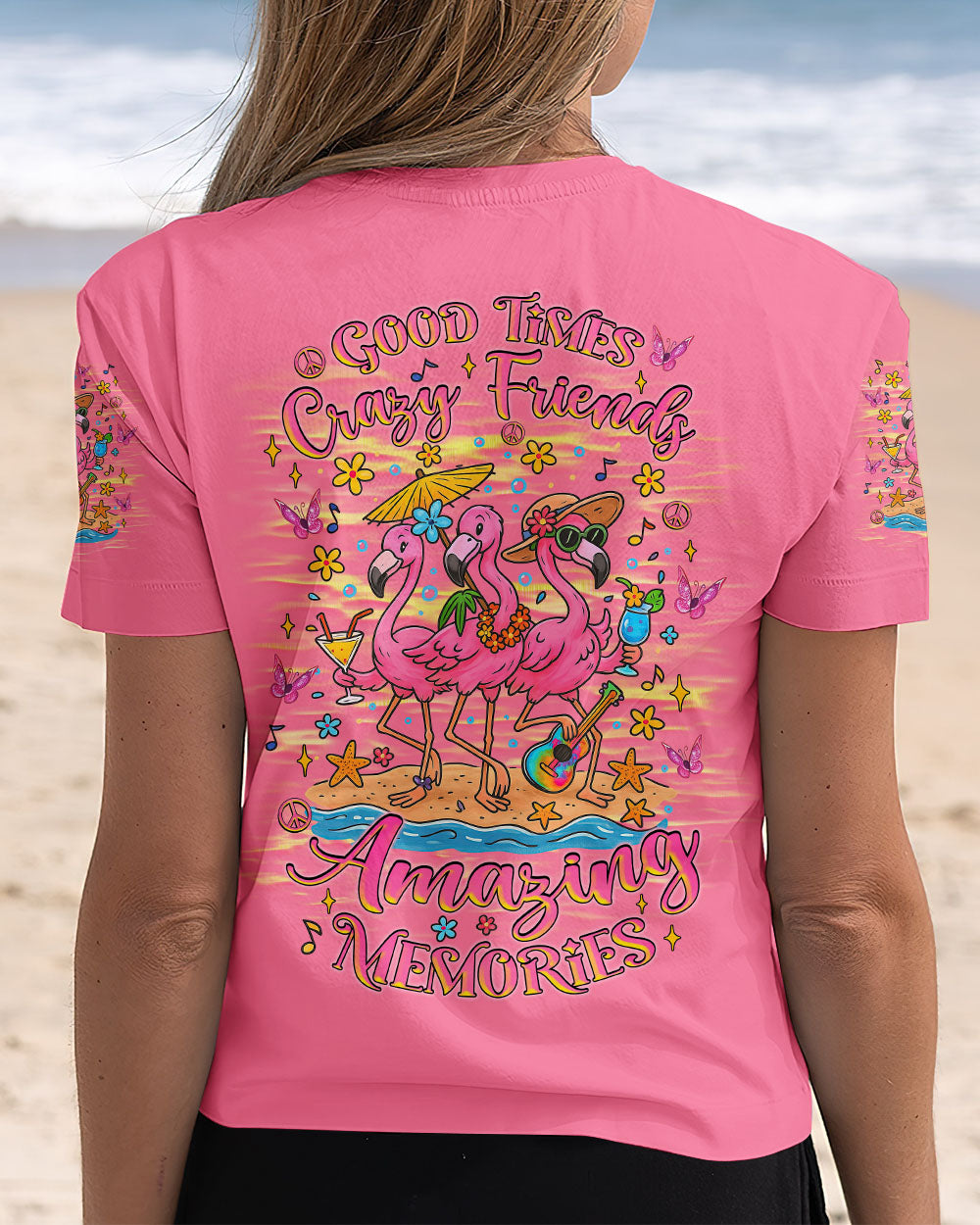 Good Times Crazy Friends Flamingo Fun and Colorful Summer Graphic Tee for Women AOP Shirts _6_ adelV