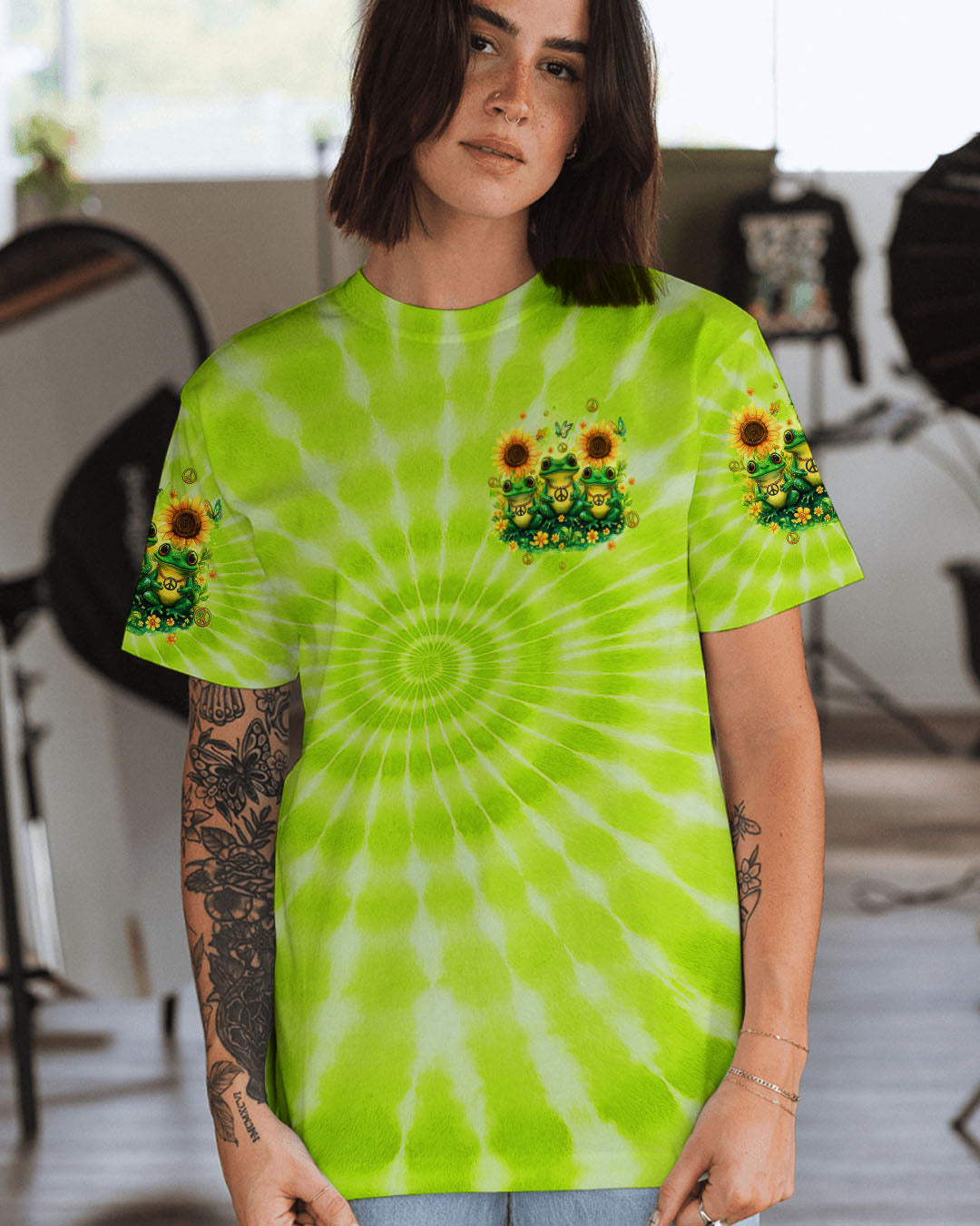 Good Times Crazy Friends Frog Fun Tie Dye with Sunflowers Graphic Tee for Women AOP Shirts _3_ 3epTO