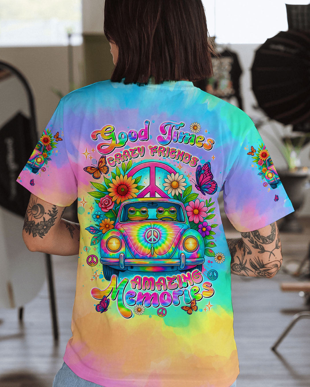 Good Times Crazy Friends VW Bus Colorful Tie Dye with Psychedelic Design for Women AOP Shirts _1_ 2VhpD
