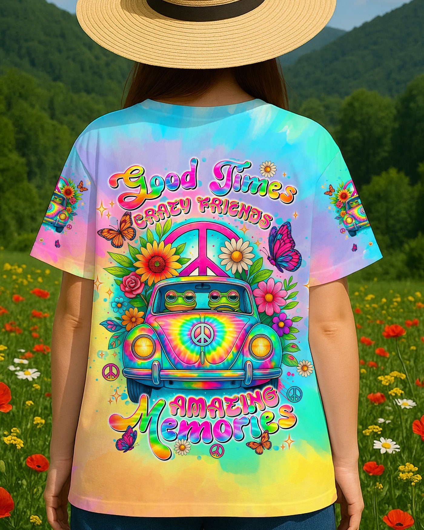 Good Times Crazy Friends VW Bus Colorful Tie Dye with Psychedelic Design for Women AOP Shirts _3_ igOQj
