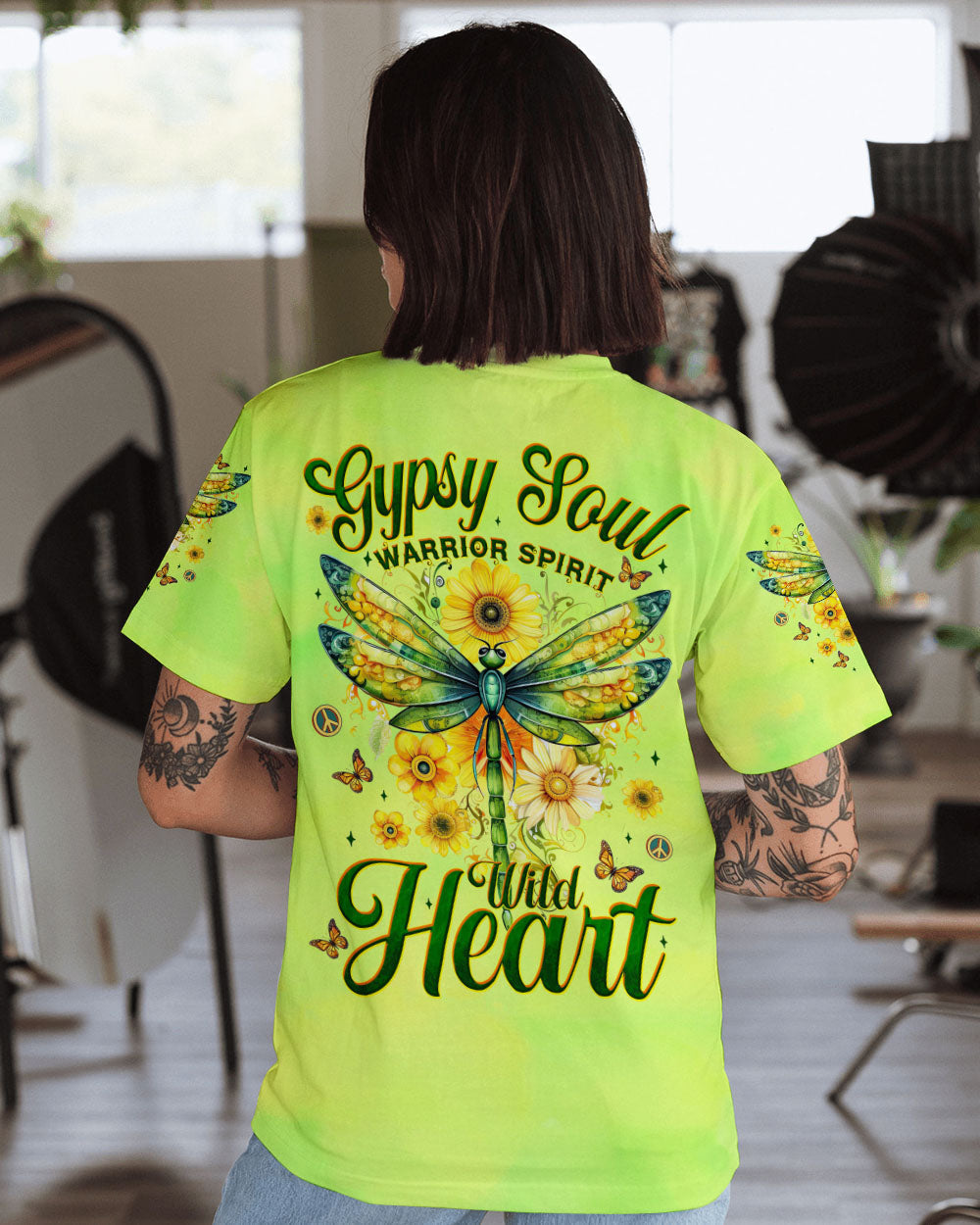 Gypsy Soul Warrior Spirit Wild Heart Dragonfly and Sunflowers Graphic AOP Shirts _1_ qC9fB