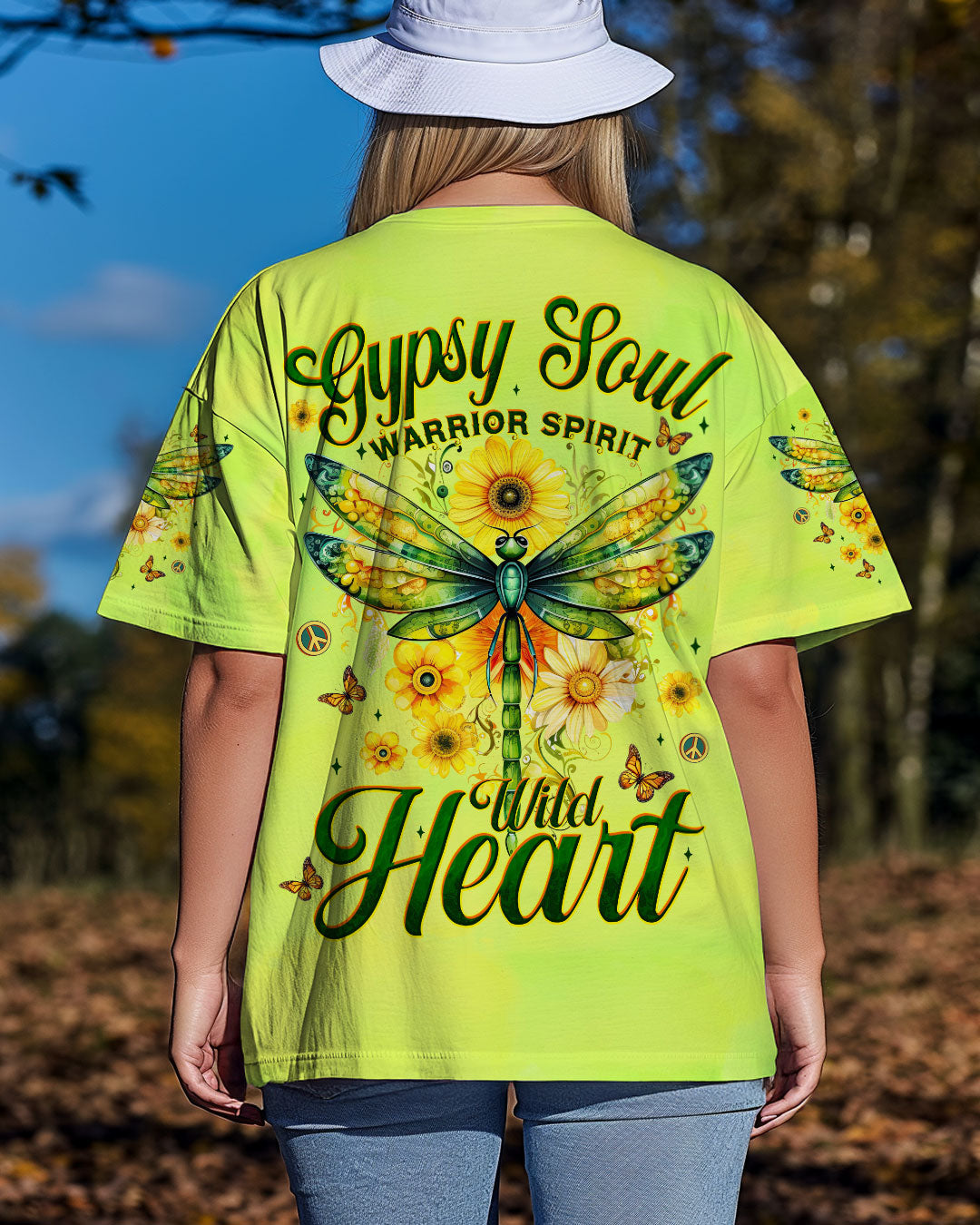 Gypsy Soul Warrior Spirit Wild Heart Dragonfly and Sunflowers Graphic AOP Shirts _3_ 0OEEu