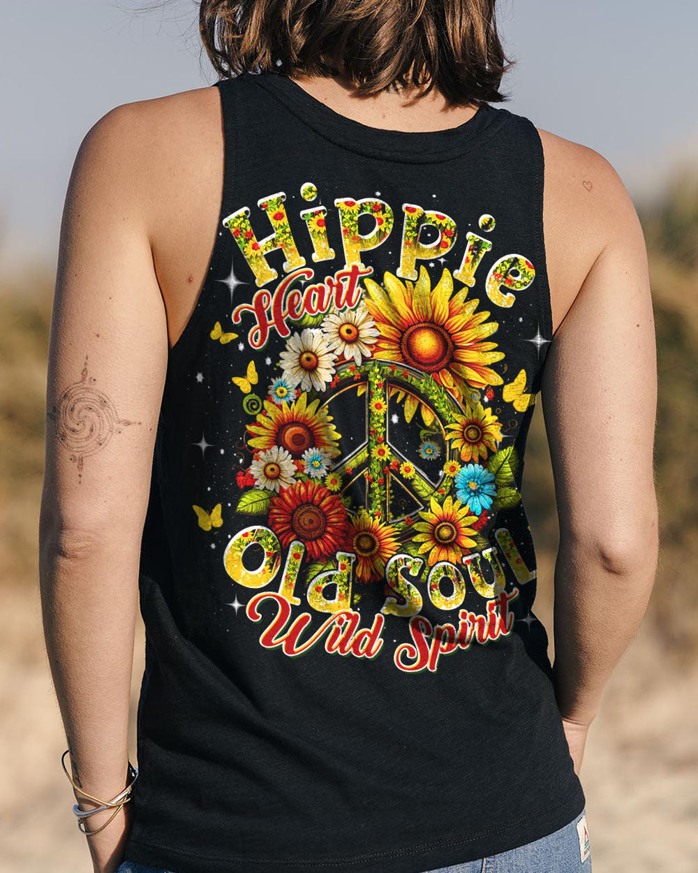 Hippie Heart Old Soul Wild Spirit Sunflower Peace Sign AOP Shirts _7_ XXb62
