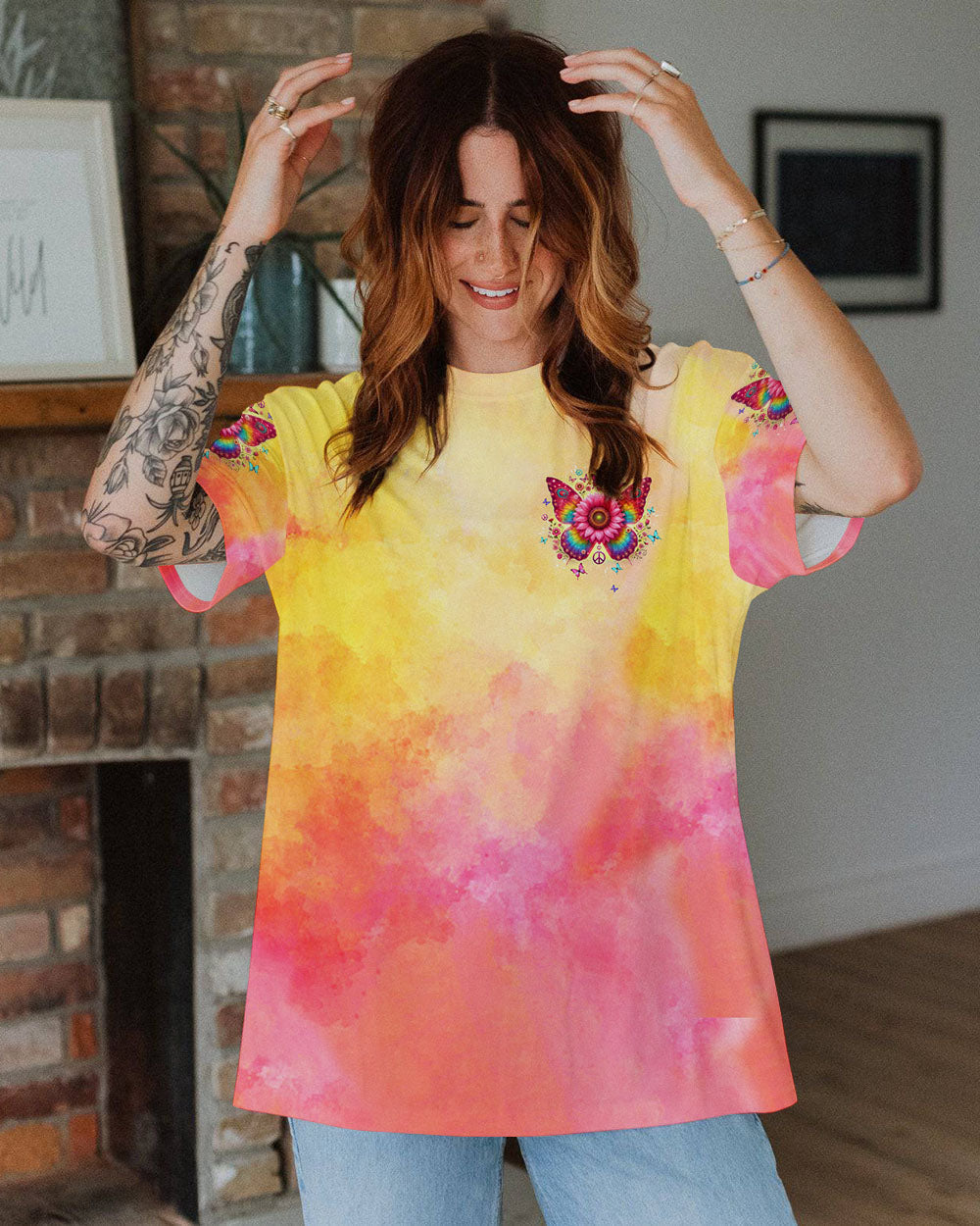 Hippie Soul Butterfly Sunflower Colorful Peace Sign Graphic AOP Shirts _9_ gOmp4
