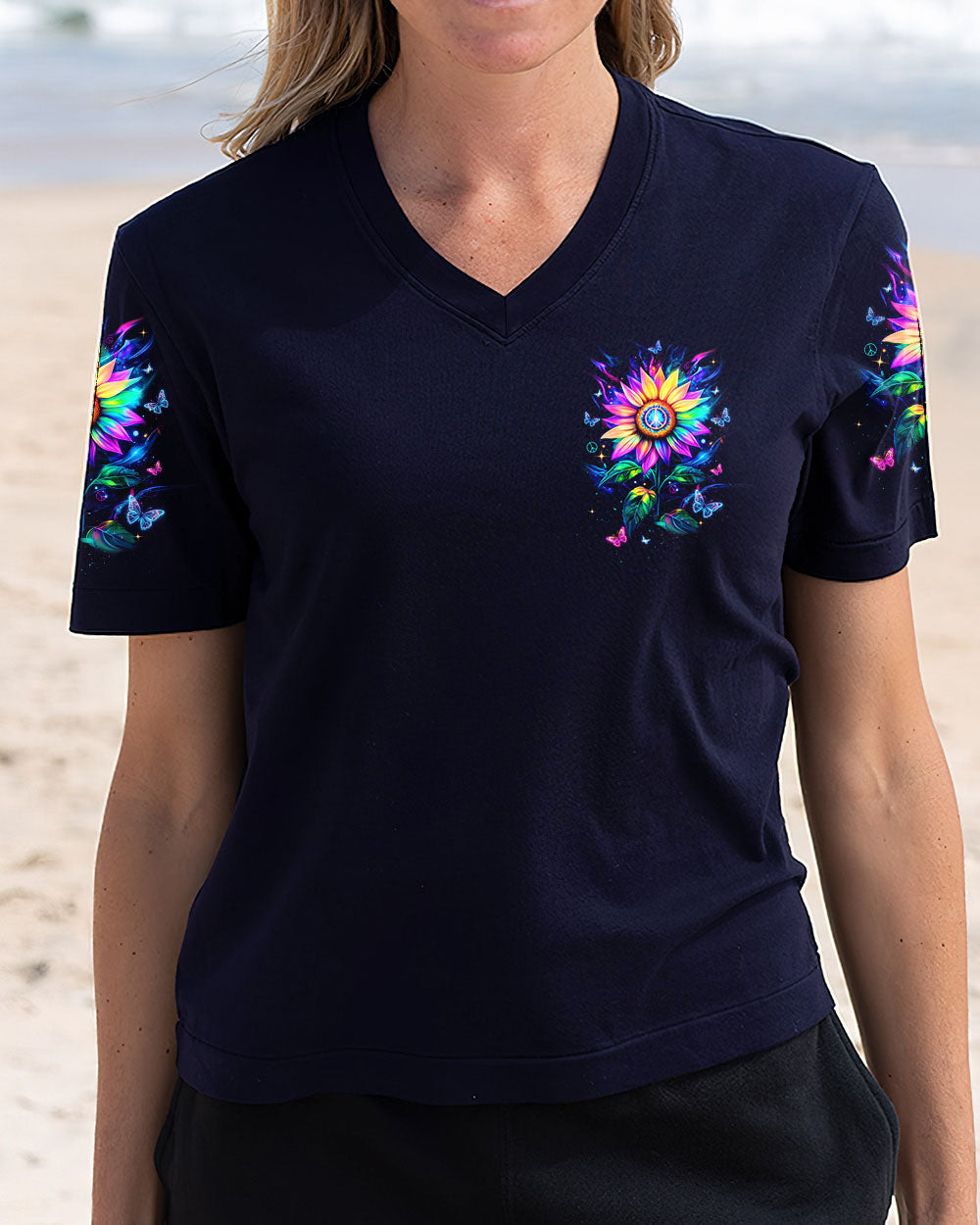 Hippie Soul Sunflower Colorful Butterflies Peace Flower Graphic AOP Shirts _12_ 1qkbC