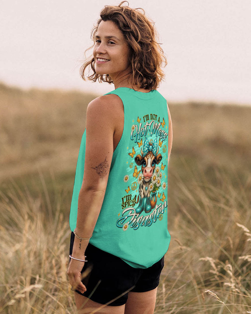Hot Mess Im A Spicy Disaster Cow Design with Butterflies _26 Daisies AOP Shirts _13_ WFSvQ