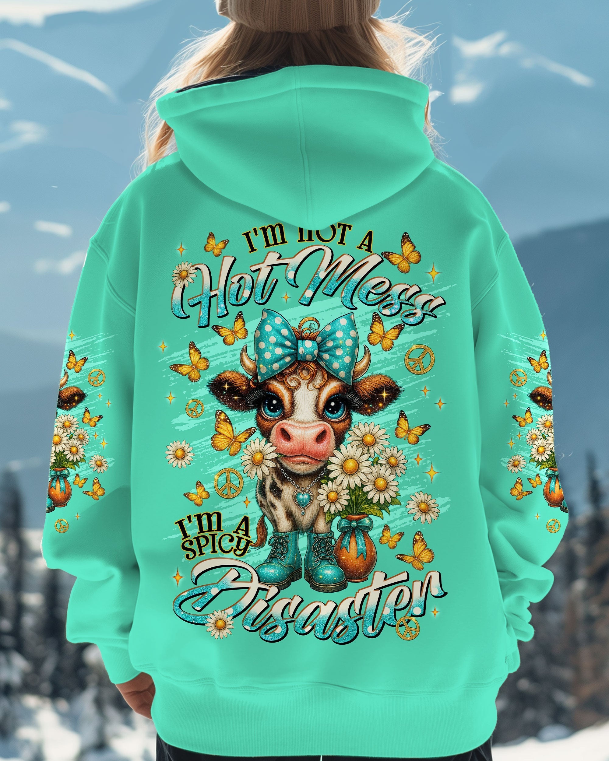Hot Mess Im A Spicy Disaster Cow Design with Butterflies _26 Daisies AOP Shirts _7_ UFVMG