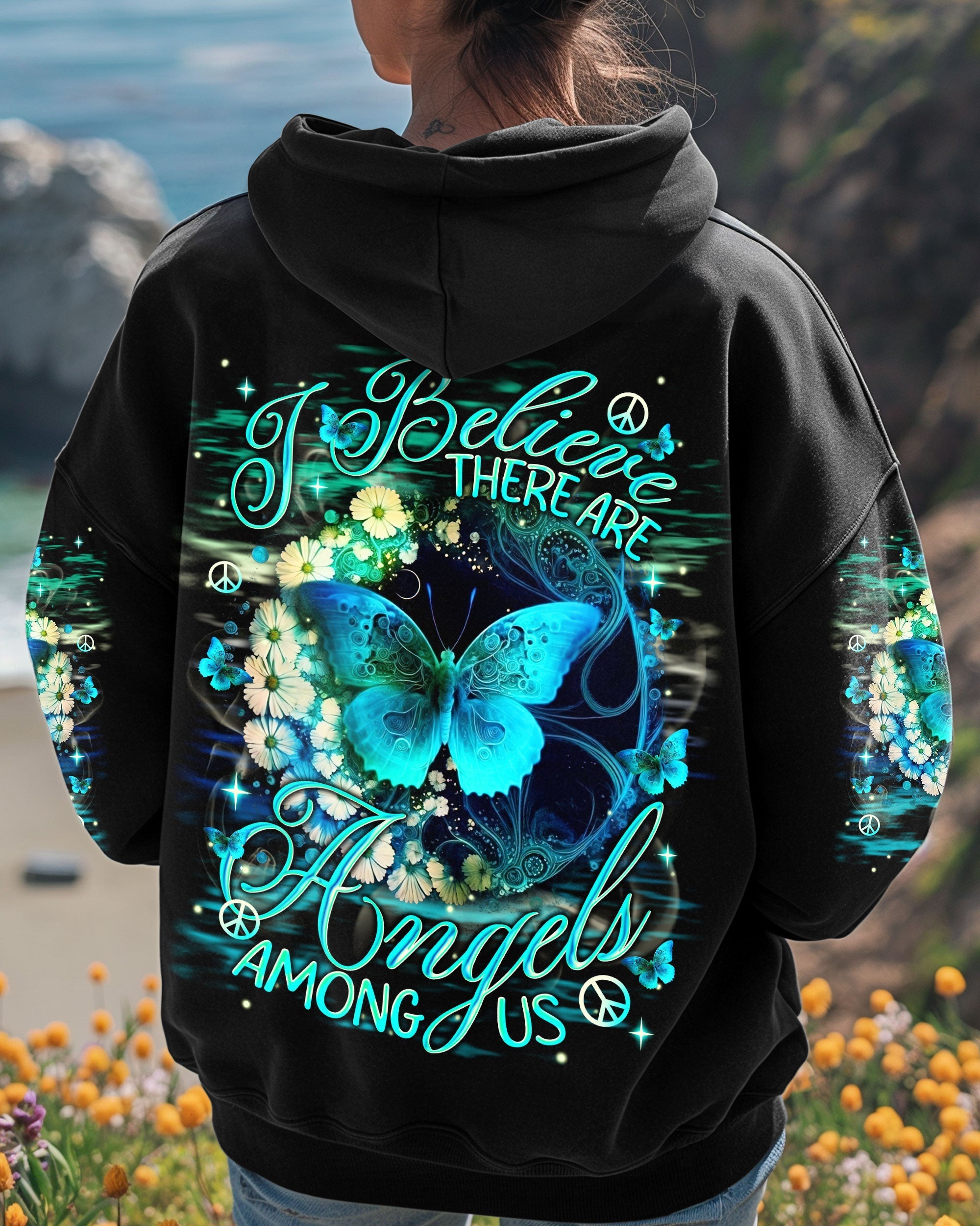 I Believe There Are Angels Among Us Blue Butterfly Graphic AOP Shirts _1_ 5GN4m